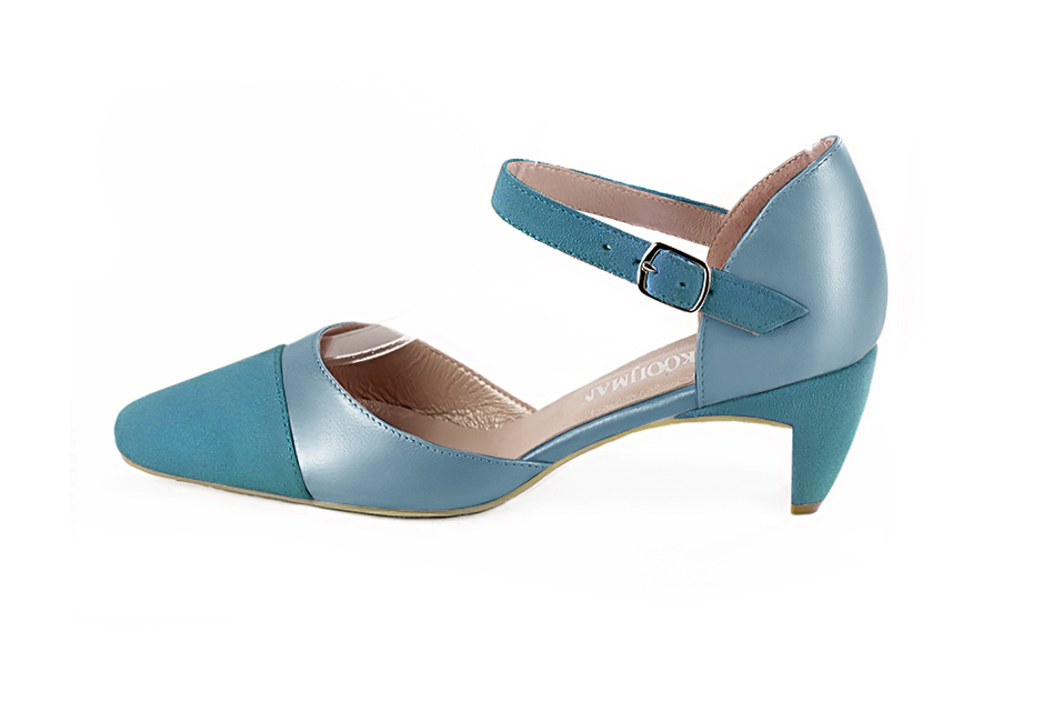 Peacock blue open side elegant shoes, with an instep strap. Round toe. Medium comma heels. - Florence KOOIJMAN